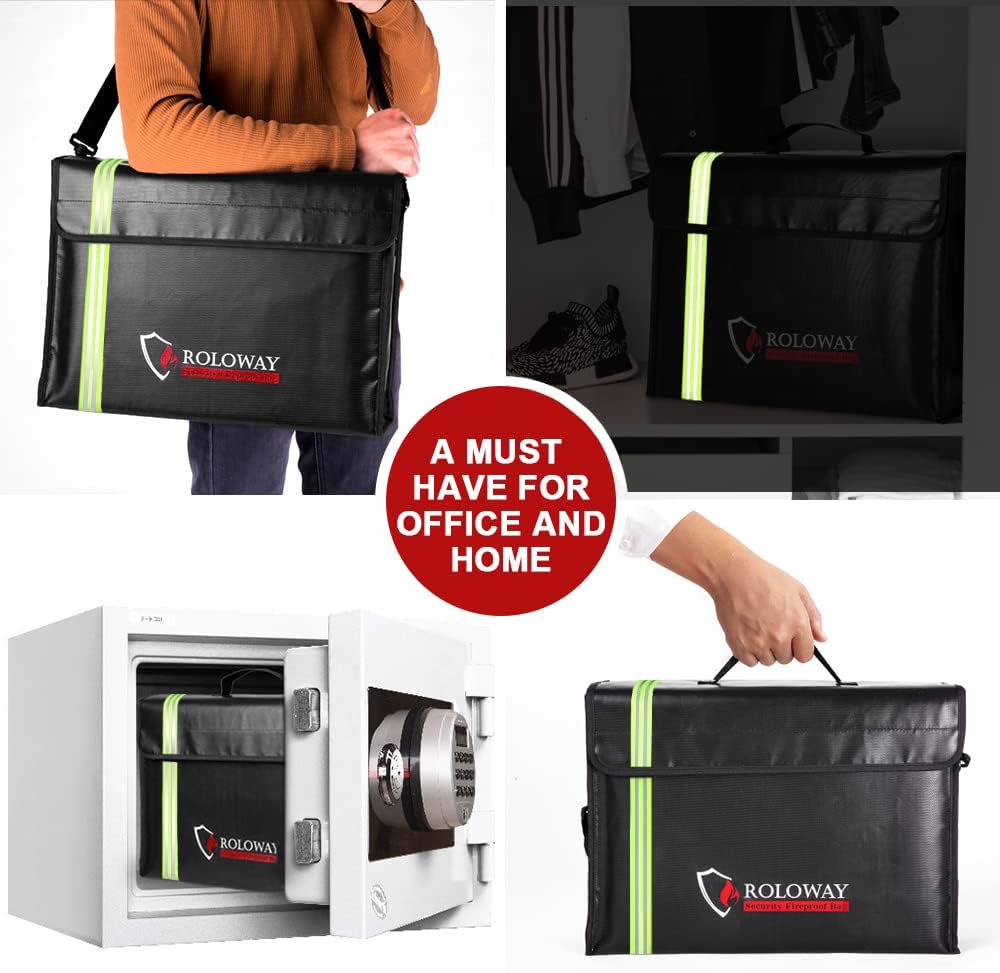 ROLOWAY Large (17 x 12 x 5.8 inches) Fireproof Bag with Reflective Strip, Water Resistant Fireproof Document Bag Safe for Money, Documents and Valuables Storage