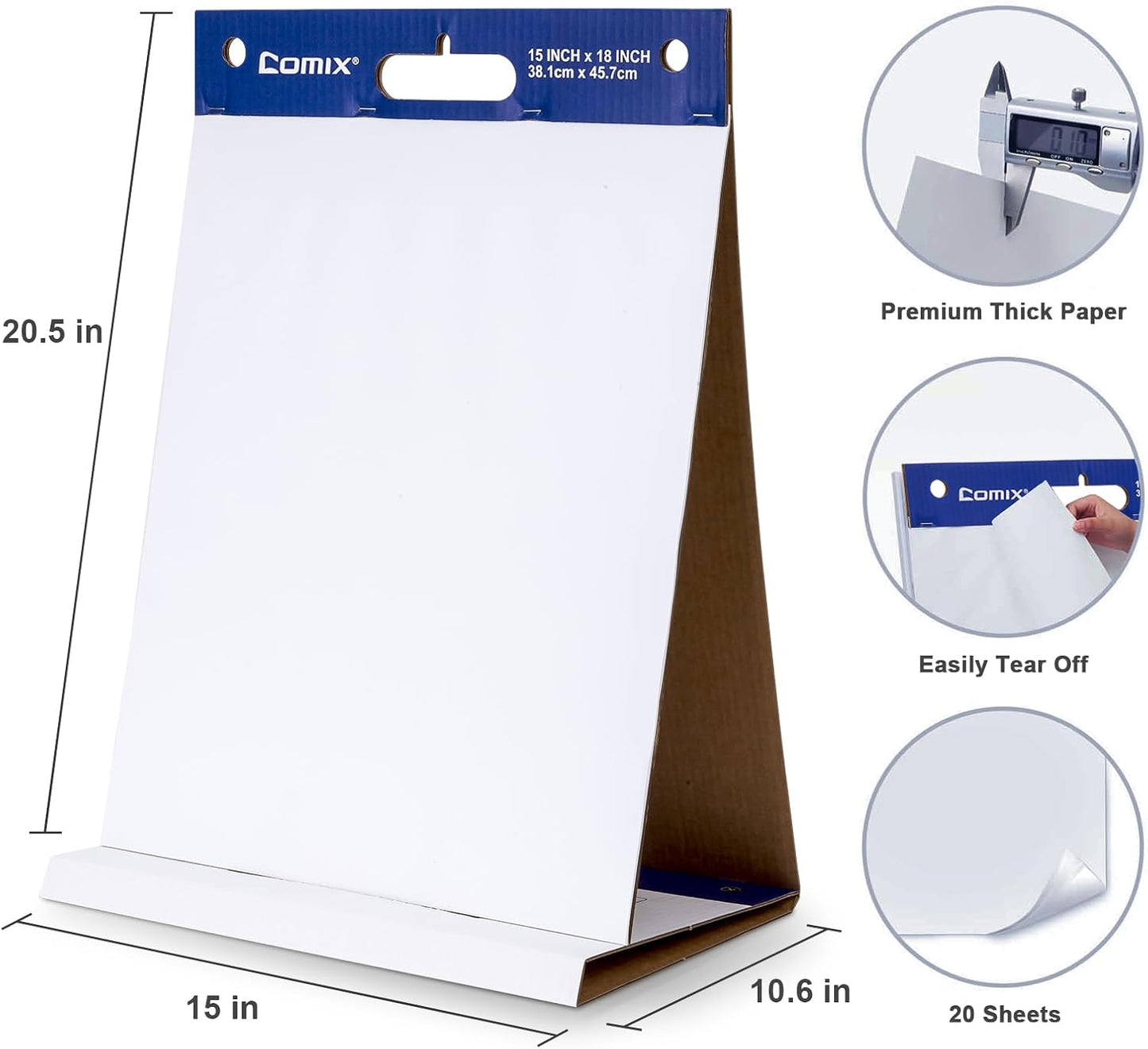 Comix Sticky Portable Tabletop Easel Pads, 15 x 18 Inches Flip Chart Paper for Training, Presentation, Meetings, Doodling, 20 Sheets/Pad, 2 Pads/Pack