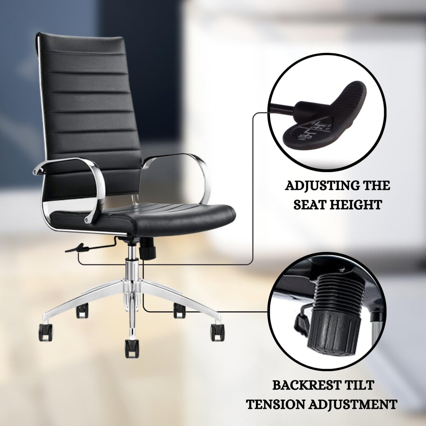 Ribbed High Back Conference Room Chairs- Lumbar Support, Modern Style Executive Chair for Home and Office - 360 Swivel Rolling Wheels - Aluminum Chrome Frame & Base - Black (Pack of 4)