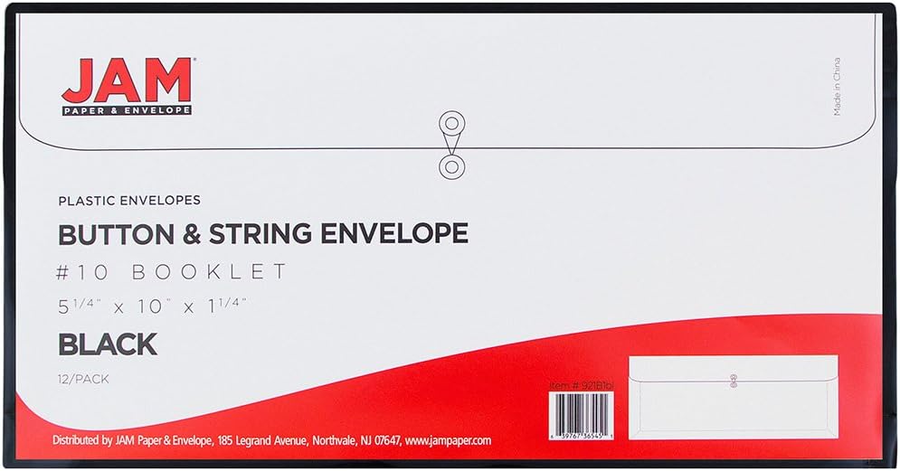 JAM PAPER Plastic Envelopes with Button & String Tie Closure - #10 Business Booklet - 5 1/4 x 10 - Black - 12/Pack
