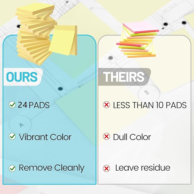 (24 Pack) Sticky Notes 3x3 in Yellow, Clean Removal, Recyclable, Self-Stick Pads, Easy to Post for Home, Office, Notebook