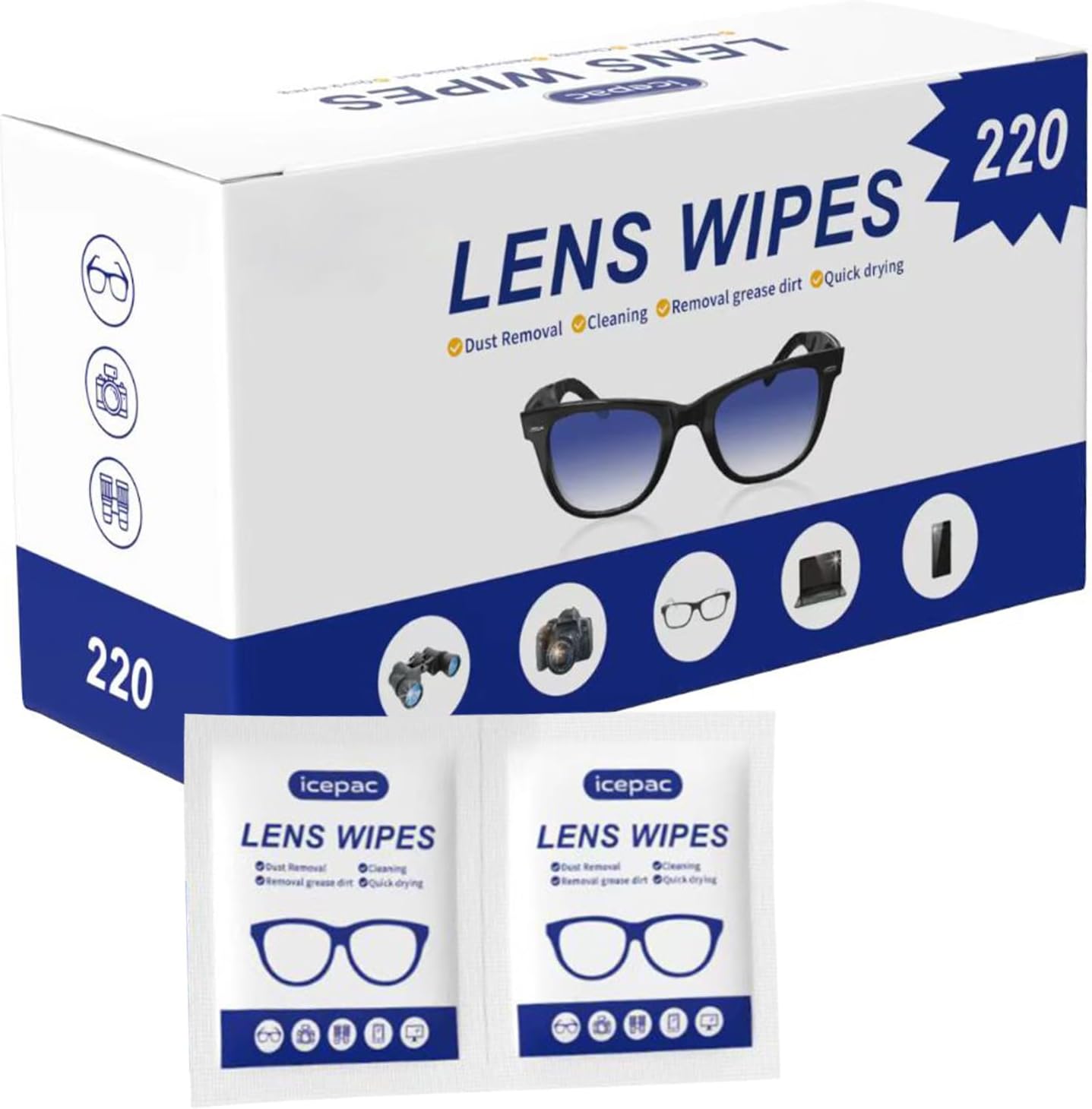 Eyeglass Cleaner Wipes, Sunglasses, Screens - Gentle and Portable for On-the-Go Cleaning of Devices, Lens Wipes for Eyeglasses, Wet Lens, Camera Lenses, Laptops, Etc. Individually Packaged(220 PCS)
