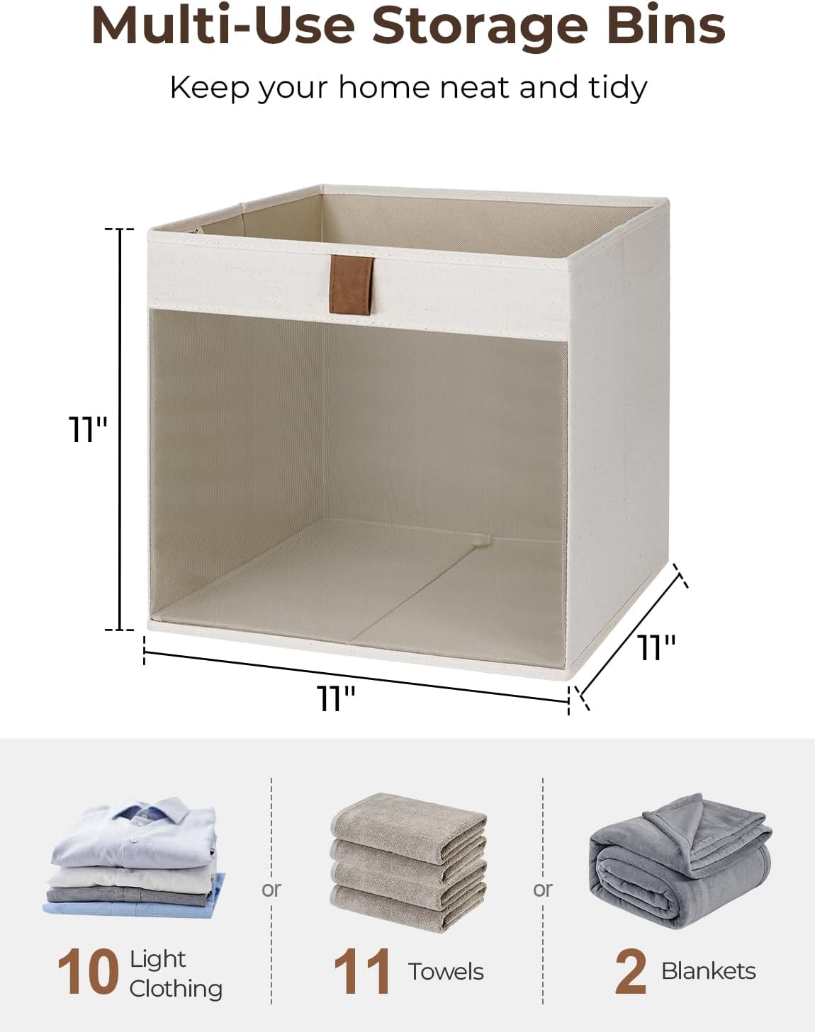 StorageWorks 11x11 Storage Cubes, Closet Storage Bins with Clear Window, Fabric Organizer for Clothes, Collapsible Storage Baskets with PU Handles, Beige, 3-Pack