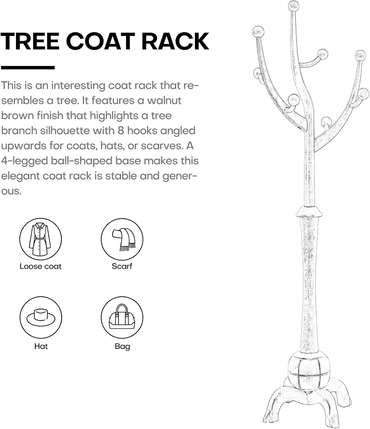 Coat Rack, Solid Wood Coat Racks Stand, Free Standing Coat Rack Coat Hanger with Hooks for Jaceket, Winter Coats, Entryway, Hallway, Bedroom - Load 160lbs (White)