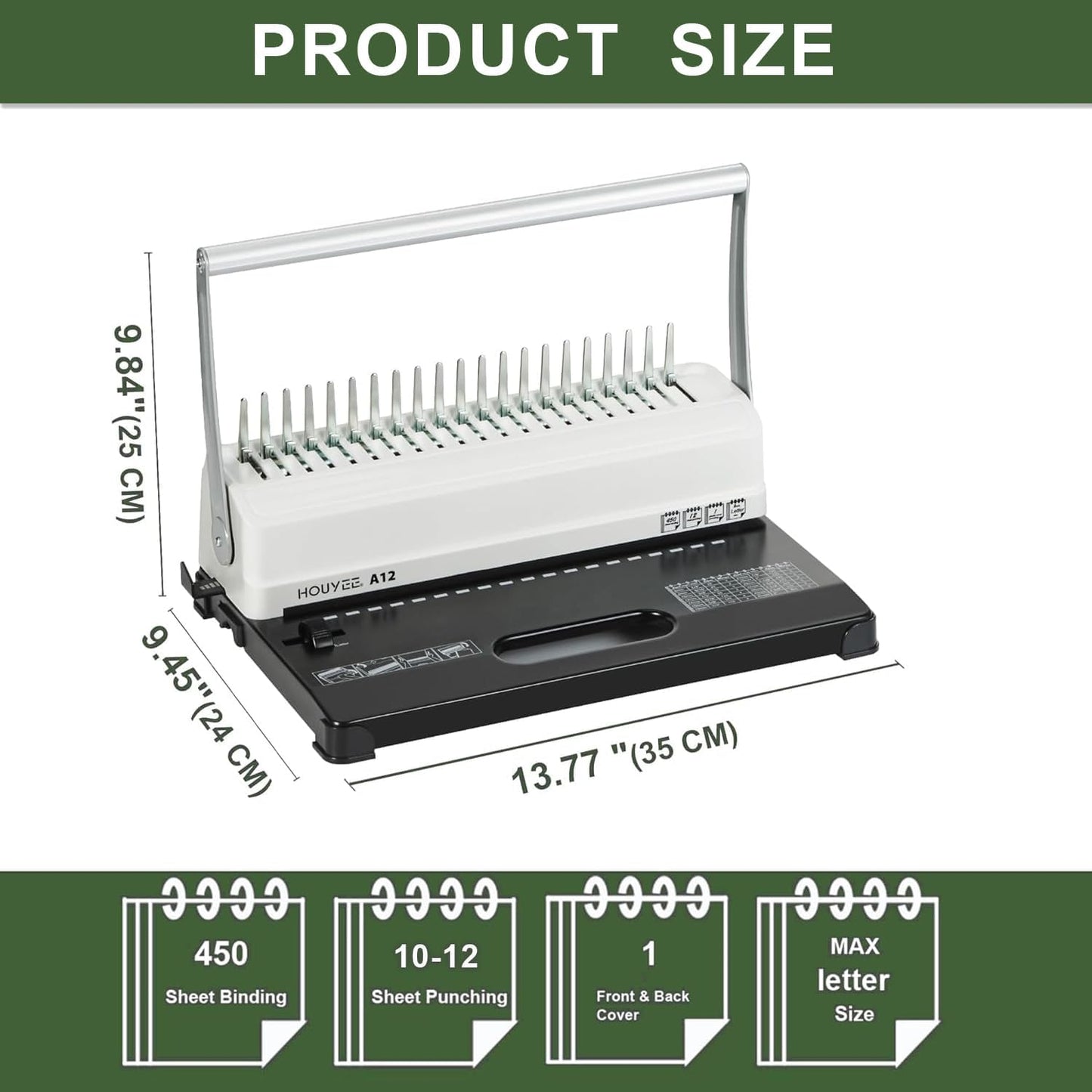 HOUYEE Manual Comb Binding Machine,19 Holes, 450 Sheets,Paper Punch Comb Binder Machine with 50 PCS 1/2" Comb Binding Spines, Fit for Letter Size Paper