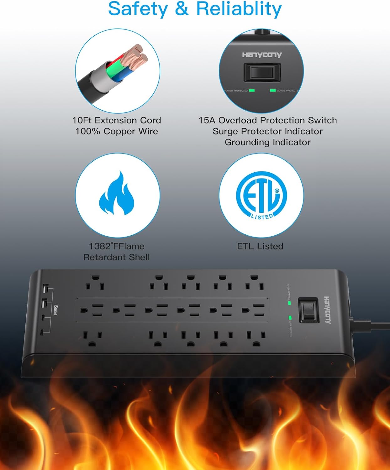 Power Strip 10 Ft, HANYCONY Surge Protector with 16 Outlets 4 USB Ports(2 USB C), Flat Plug Heavy Duty Extension Cord, 2700 Joules, Wall Mount for Home Office, ETL Listed, Black