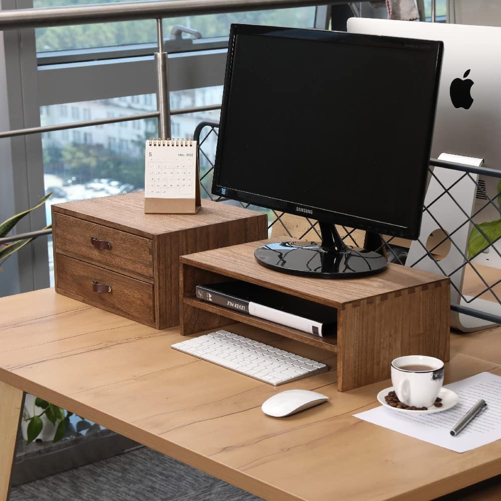 Wood 2 Drawer Desktop Organizer Cabinet - Desk Storage Box for Kitchen Counter,Dresser Tabletop -Wooden File Organizer Printer Machine Stand for Office Accessories Chest Dark (FAX2C-DK)