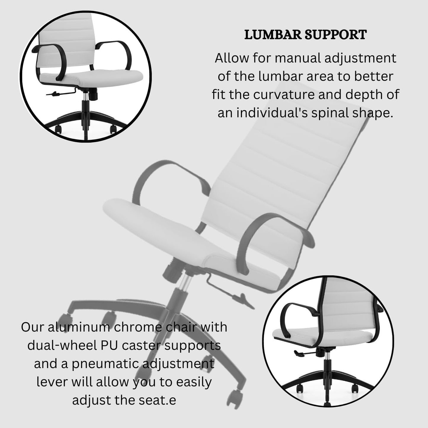 Ribbed High Back Conference Room Chairs - Lumbar Support, Modern Executive Home Office Chair - White Leather Seat & Black Aluminum Frame