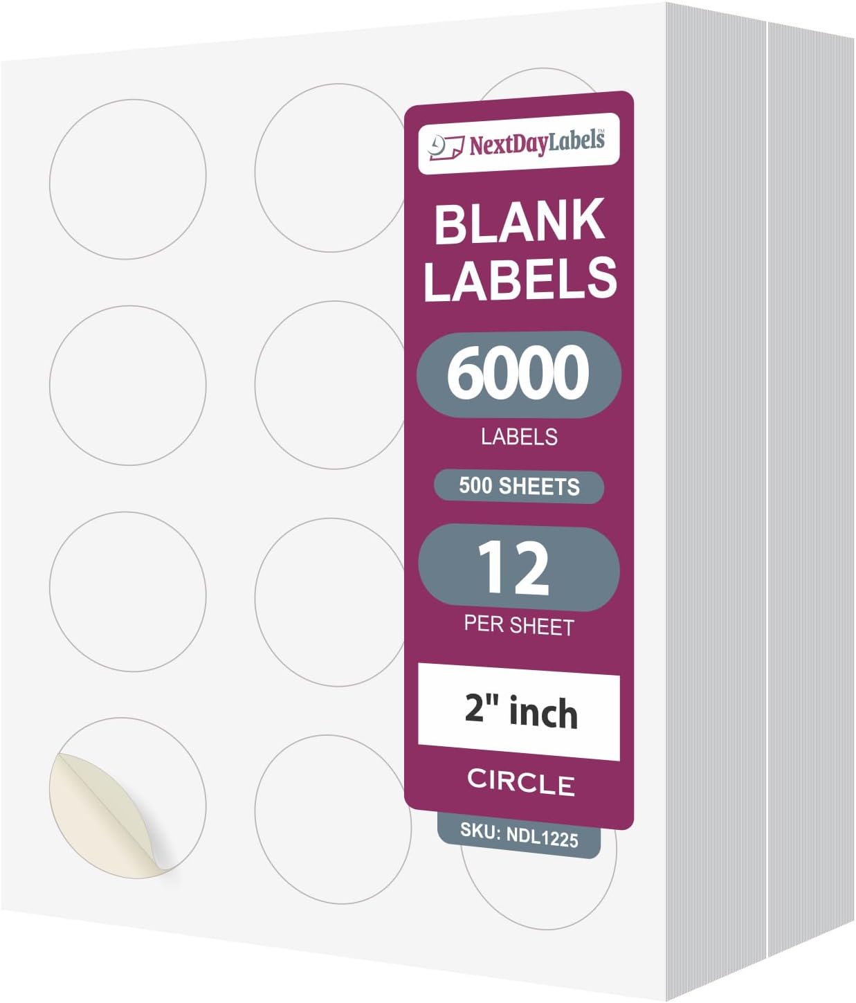 NextDayLabels - 2 Inch Round Labels for Bleeds - Sticker Labels for Printer - Matte White Blank Laser/Inkjet Printer Labels - Circle Stickers Printable Labels (500 Sheets, 12 Per Sheet, 6000 Labels)