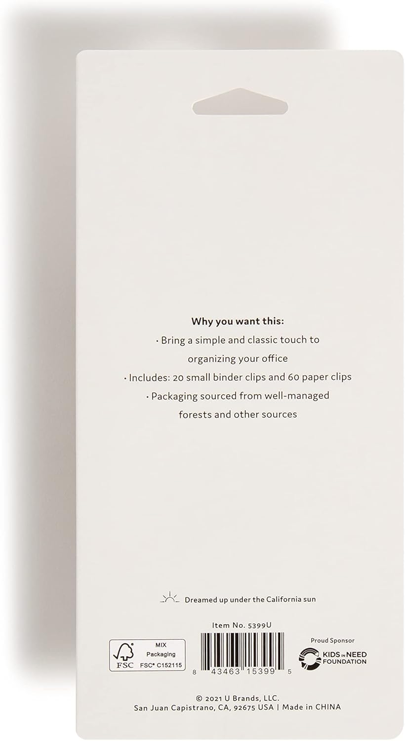 U Brands Classic Clips Set, Office Supplies, Black and White with Gold, Office Supplies, Paper and Binder Clips, 80 Count