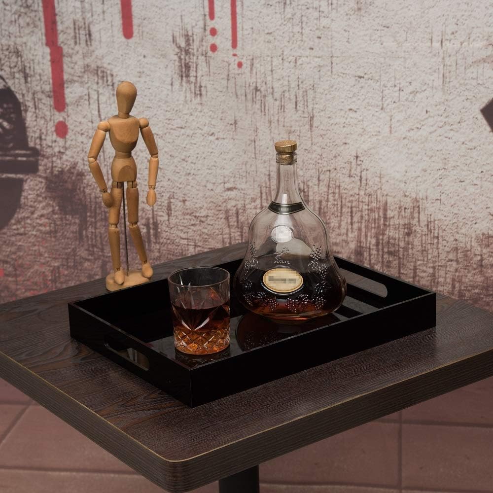 Glossy Black Sturdy Acrylic Serving Tray with Handles-12x16Inch-Serving Coffee,Appetizer,Breakfast,Butler-Kitchen Countertop Tray-Makeup Drawer Organizer-Vanity Table,Ottoman Trays-DecorativeTray