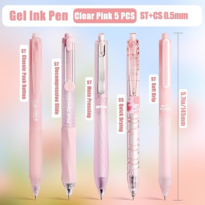 10 Count Pastel Gel Ink Pen Set,Cute Note Taking 0.5mm Fine Point Retractable 10 Count Black Ink Pens with for Writing, Journaling, School, Office (Pink)