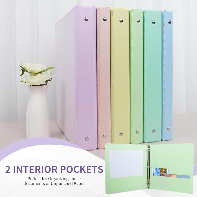 0.5 inch 3-Ring Binder, 1/2 inch Round Ring Binder with 2 Inside Pockets, Clear View Cover Binders Holds 8.5'' x 11''Paper,Pastel Color Binders for Office/Home/School Supply, 6 Pack
