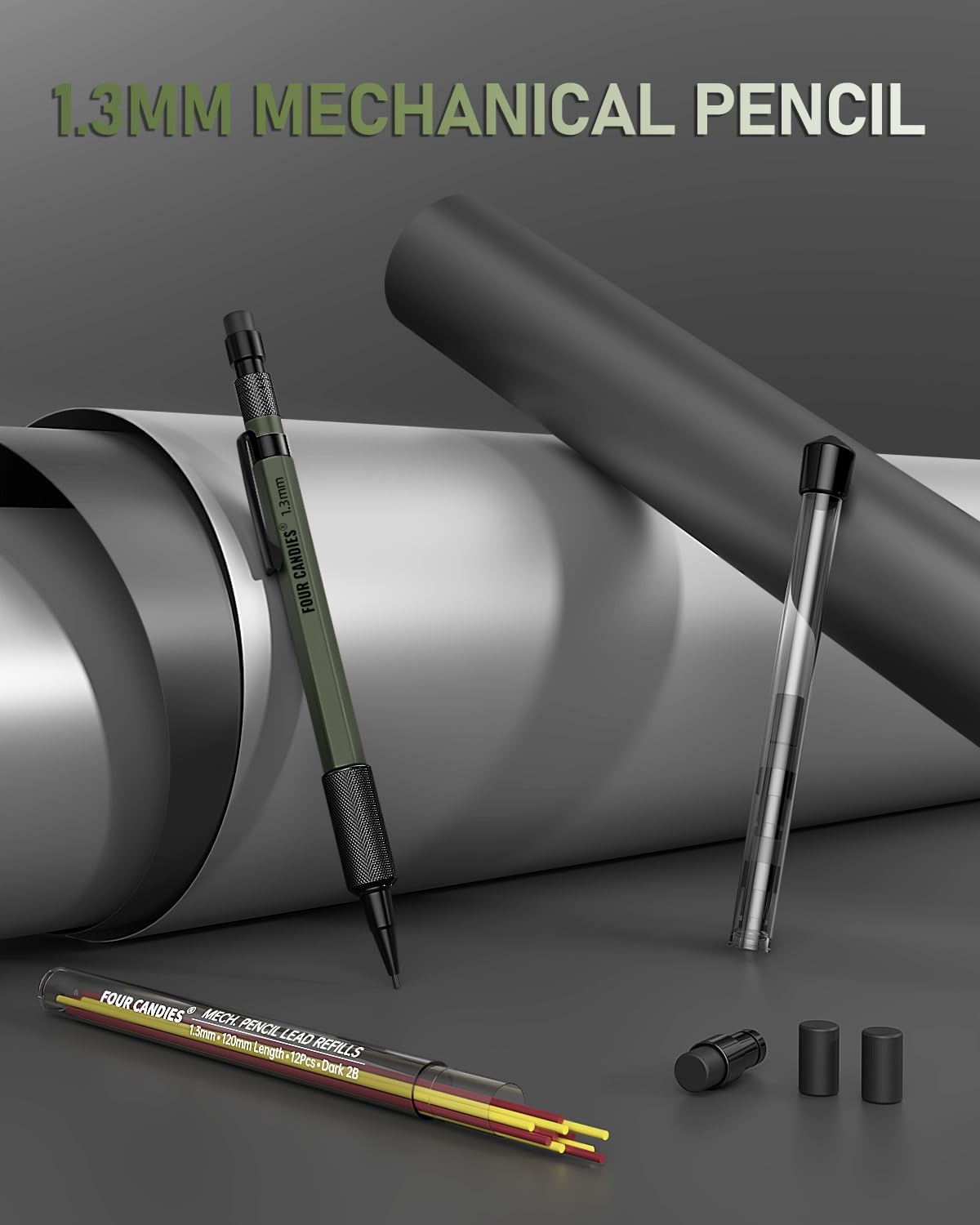 Four Candies 1.3mm Mechanical Pencil Set with 24 Lead Refills, Metal Weatherproof Heavy Duty Outdoor Carpenter Pencil, Eraser, 6 Eraser Refills for Architect Drafting Woodworking Marking with Case