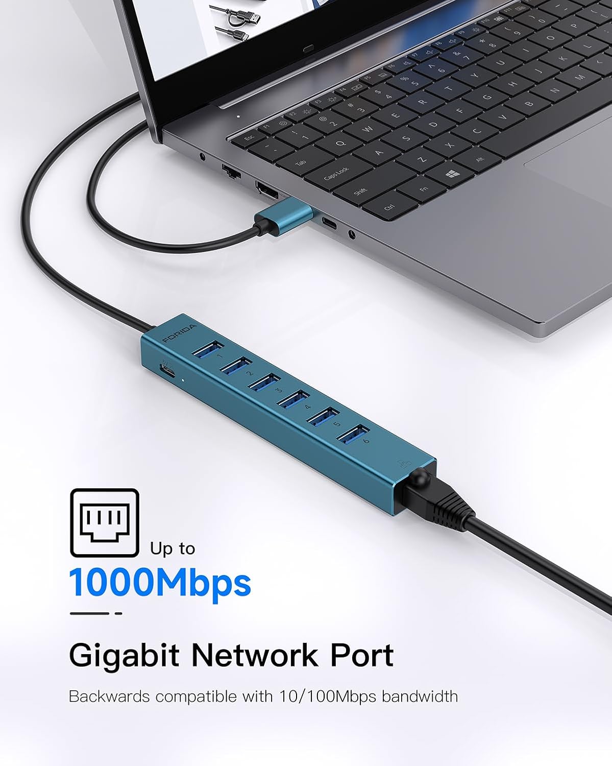 7 Ports USB 3.0 Hub, USB to Network HUB with 3.9ft Long Cable for Laptop, USB Splitter with Gigabit Ethernet Port and 5V/3A Power Port, MultiPort Aluminum Hub for iMac, PC, Flash Drives (Blue)