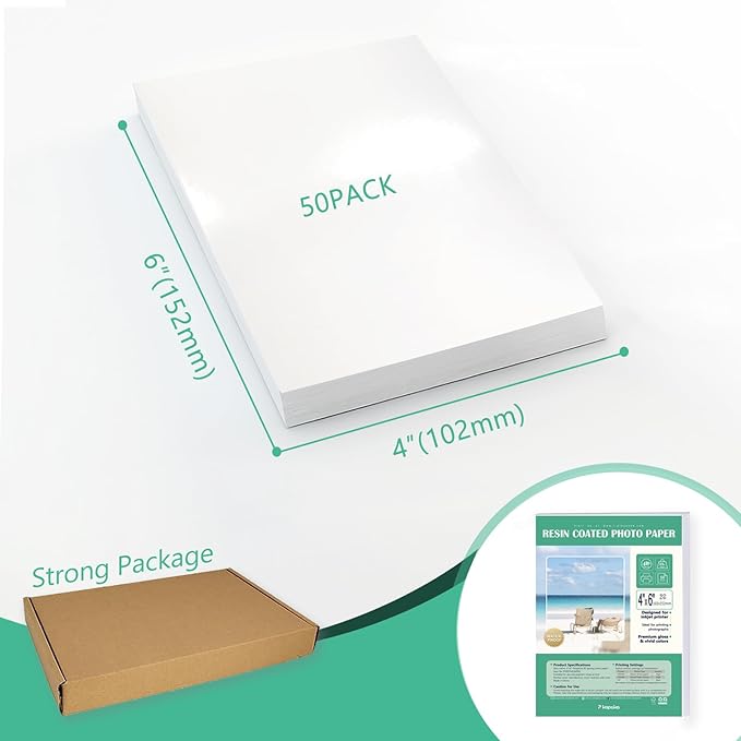 Ultra-Premium Glossy RC Photo Paper, Professional and Heavyweight Metallic Resin Coated Photo Paper, Pigment and Dye Inkjet Printer Suitable, Waterproof, 4x6, 50 Pack