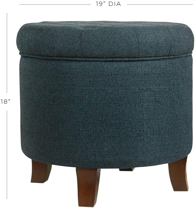 HomePop by Kinfine Fabric Upholstered Round Storage Ottoman - Velvet Button Tufted Ottoman with Removable Lid, Indigo Blue Woven