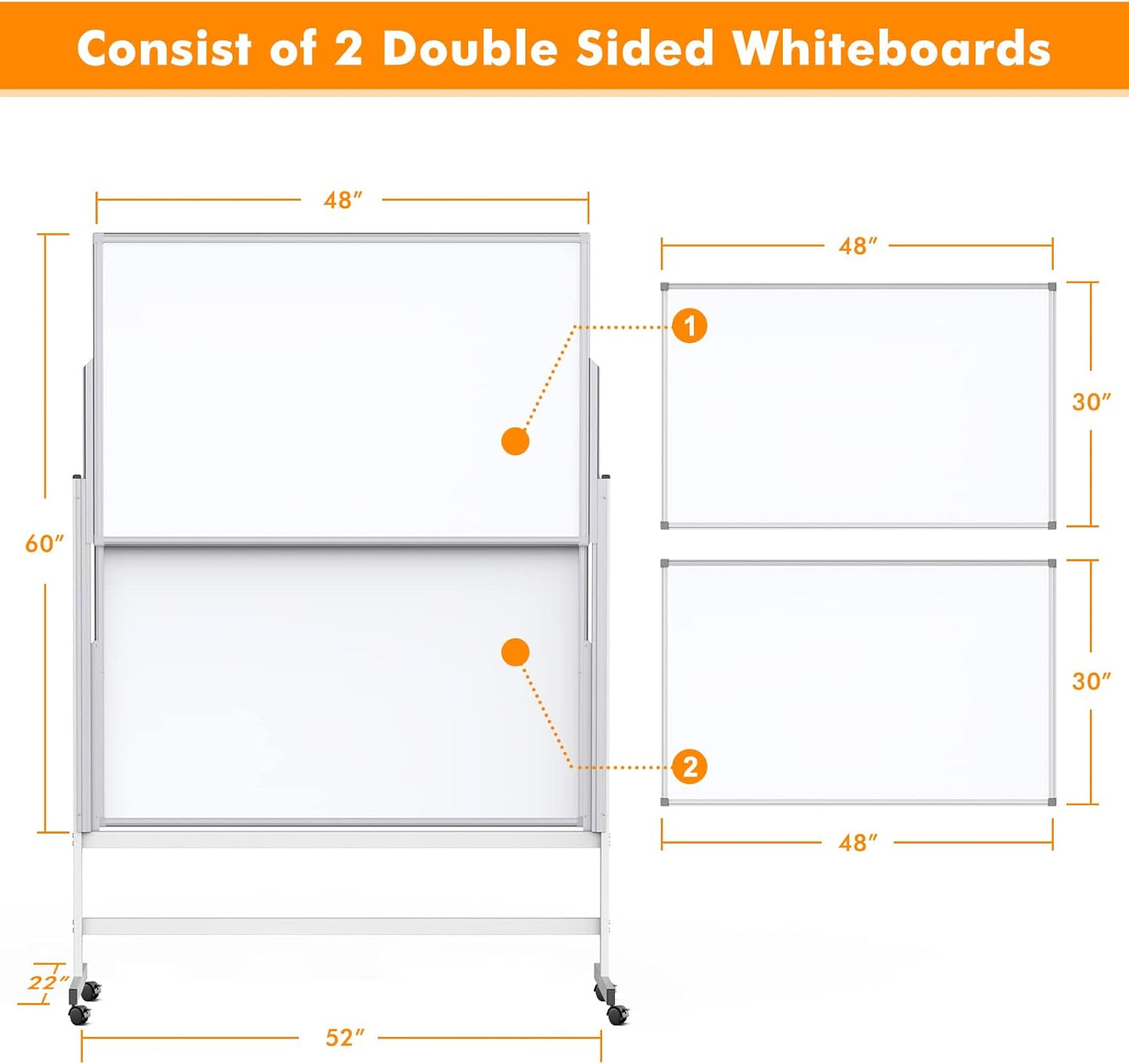 maxtek Dry Erase Whiteboard Height Adjustable, Easel Stand Rolling White Board on Wheels - 48 x 60 Large Mobile Dry Erase Board, 4' x 5' Double Sided Magnetic Whiteboard for School Office Home