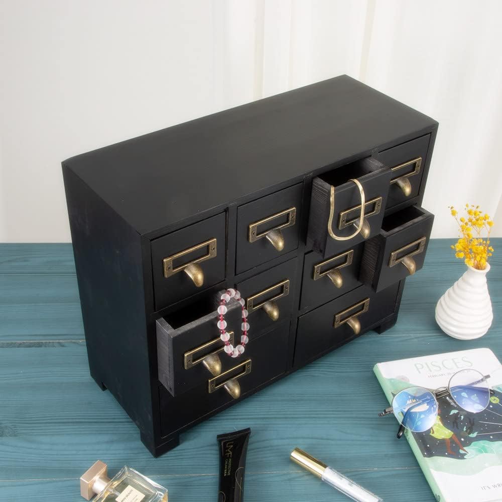 Apothecary Cabinet with 10 Drawers & Labels Rustic Library Card Catalog Cabinet Desktop Wooden Storage Box for Organize Herbal、Tea Bag、Jewelry (Black)
