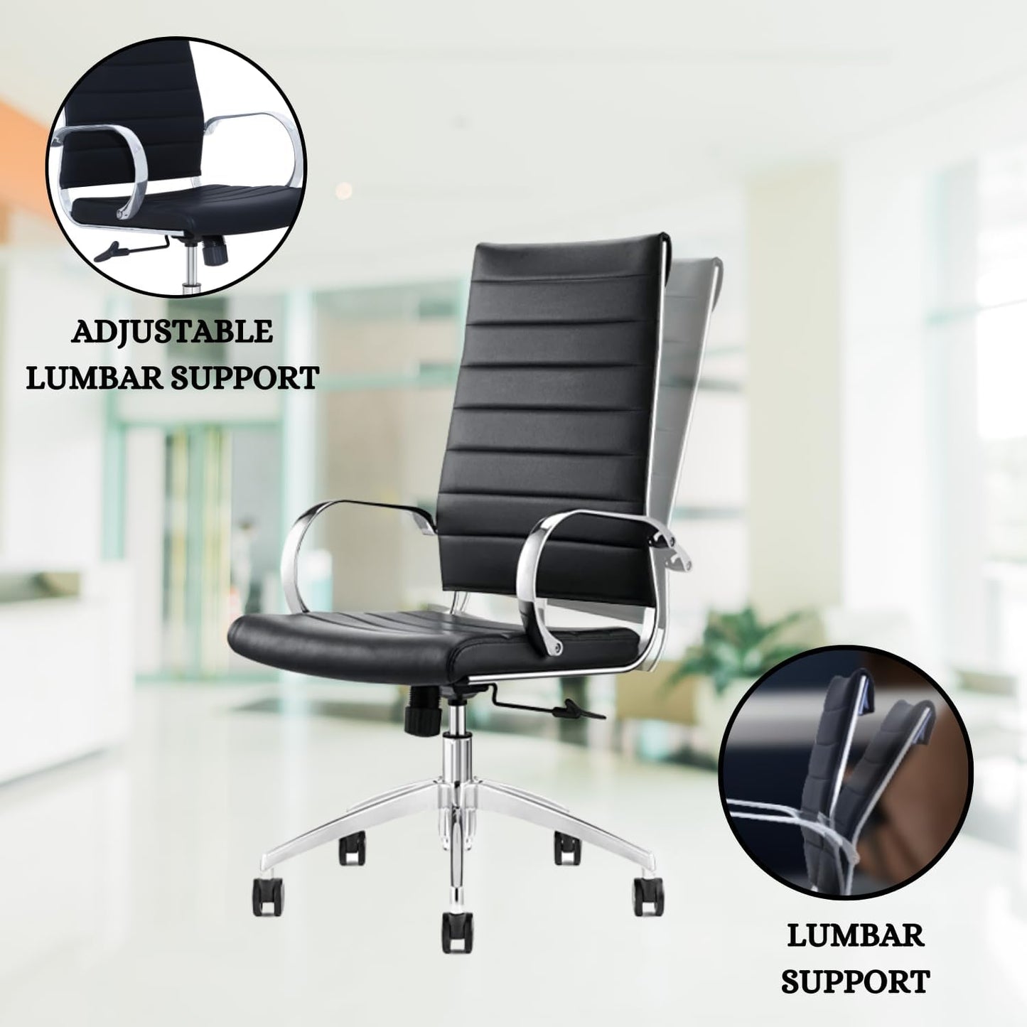 Ribbed High Back Conference Room Chairs - Lumbar Support, Modern Style Executive Chair for Home and Office - 360 Swivel Rolling Wheels - Aluminum Chrome Frame & Base - Black (Pack of 6)