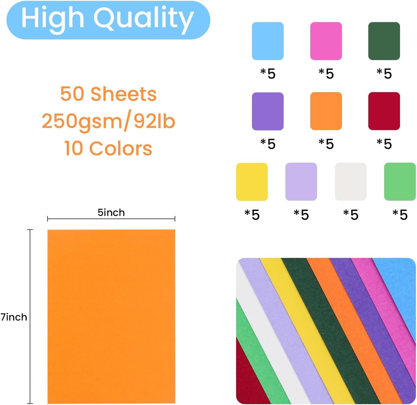 50 Sheets Colorful Cardstock Thick Paper 5 x 7, 250gsm/92lb Blank Heavy Cards Stock for Invitations, Printing, Postcards, Thankyou Cards, Index Cards, DIY Cards (Colorful, 5 x 7 inch)