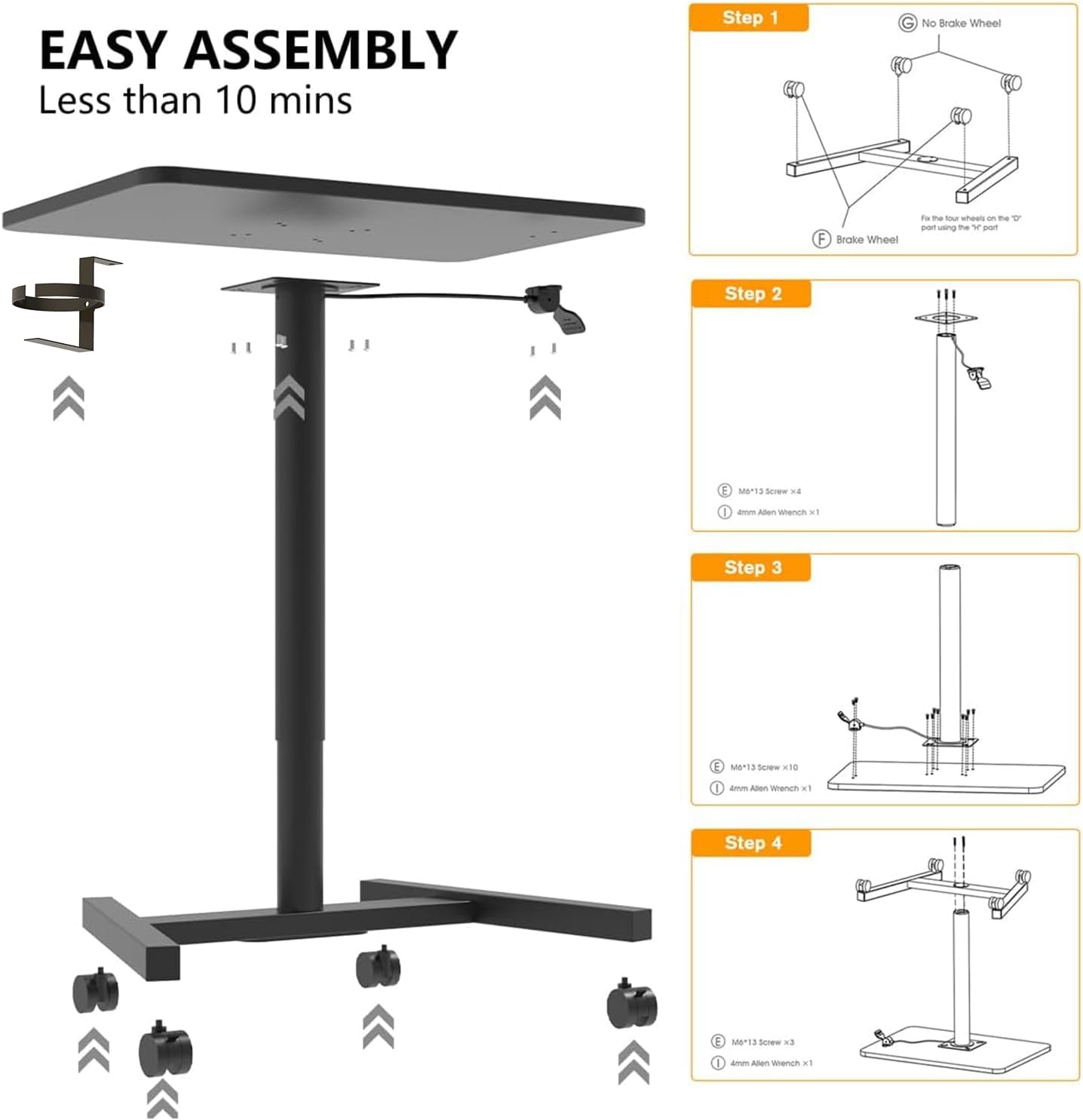 28-Inch Mobile Standing Desk Adjustable Height with Cup Holder, Portable Standing Desk with Lockable Wheels, Rolling Table for Home Office Classroom Hospital (Jet - Black)