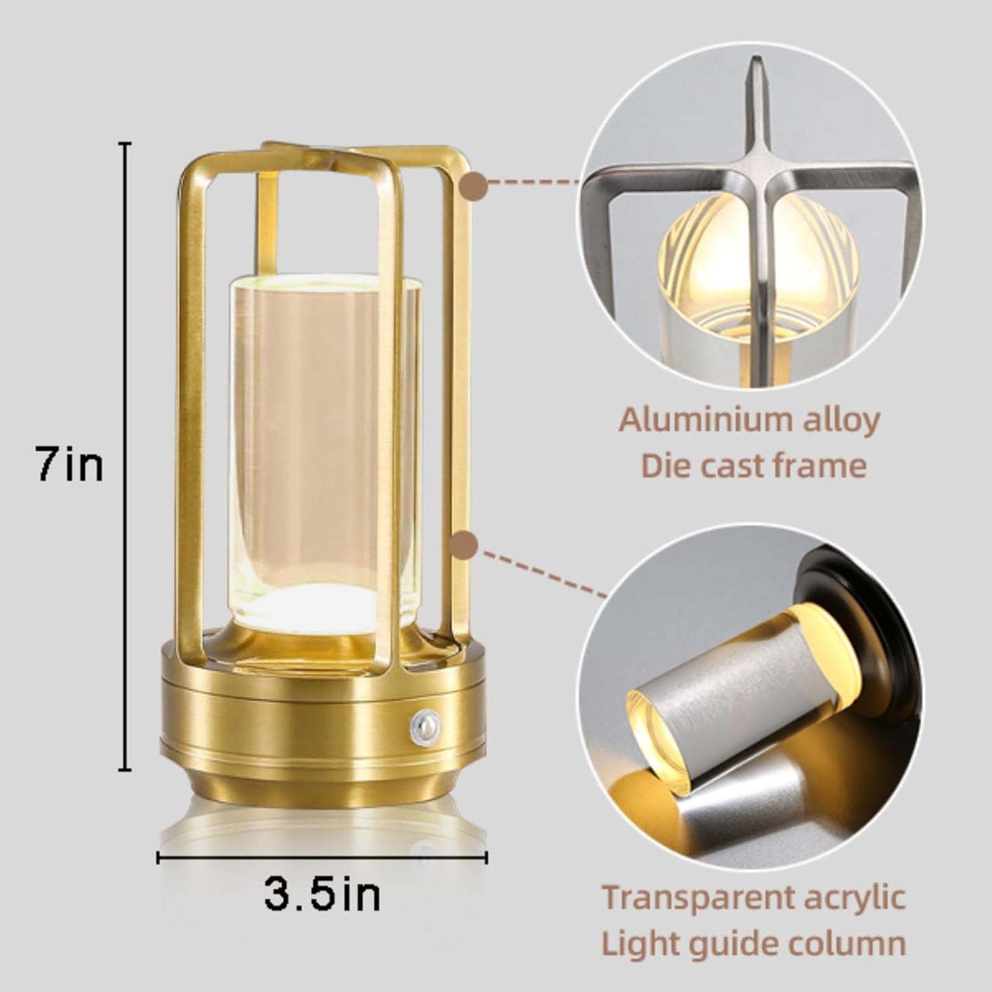 Crystal Table Lamp for Indoor and Outdoor, Rechargeable Cordless Lamp, 3-Colour 4000mAh Dimming Battery Powered Small Desk Lamp, Restaurant/Bedroom/Bar/Coffee Shop/Camping Light/nightlight-Gold