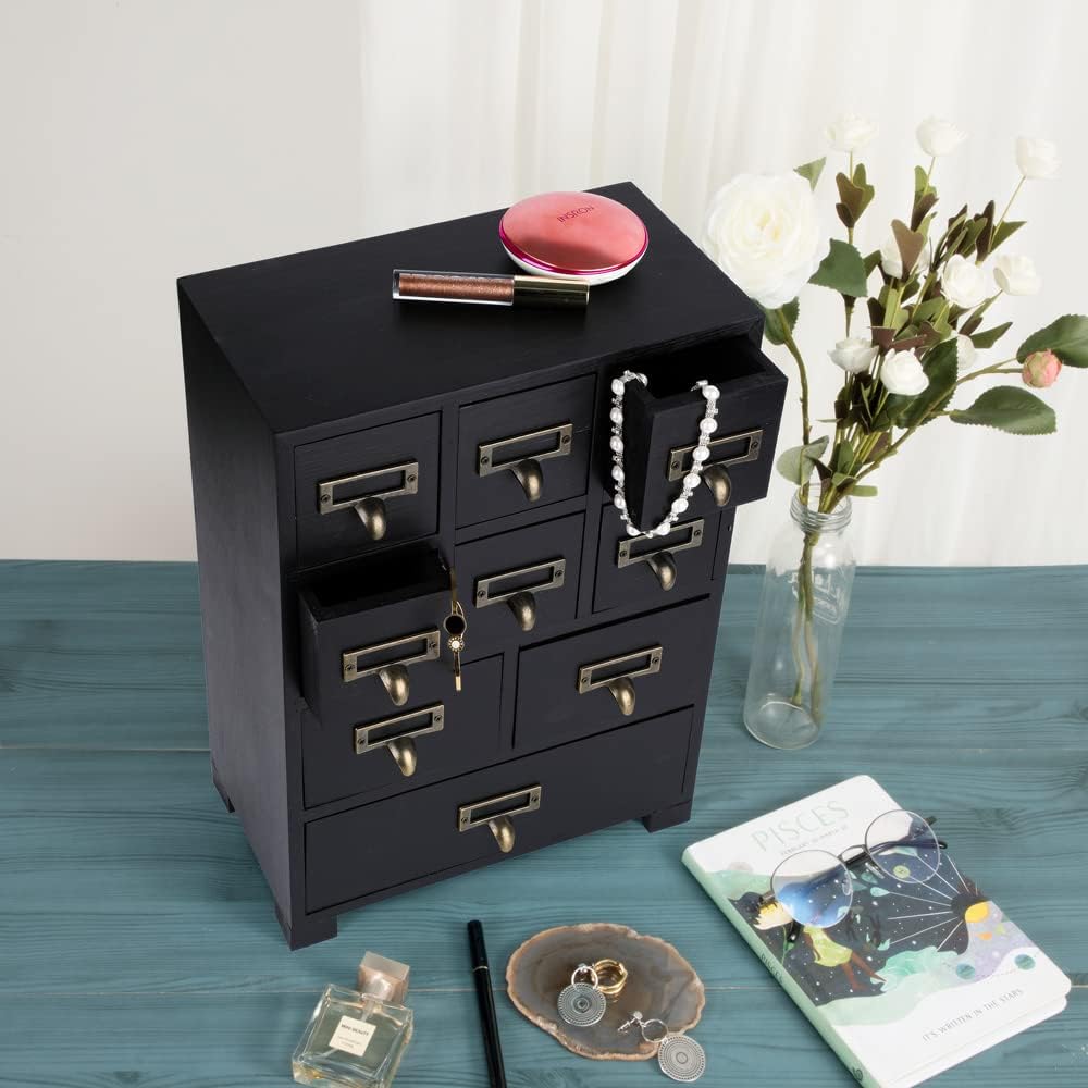 Apothecary Cabinet with 9 Drawers & Labels Rustic Library Card Catalog Cabinet Desktop Wooden Storage Box for Organize Herbal、Tea Bag、Jewelry (Black)