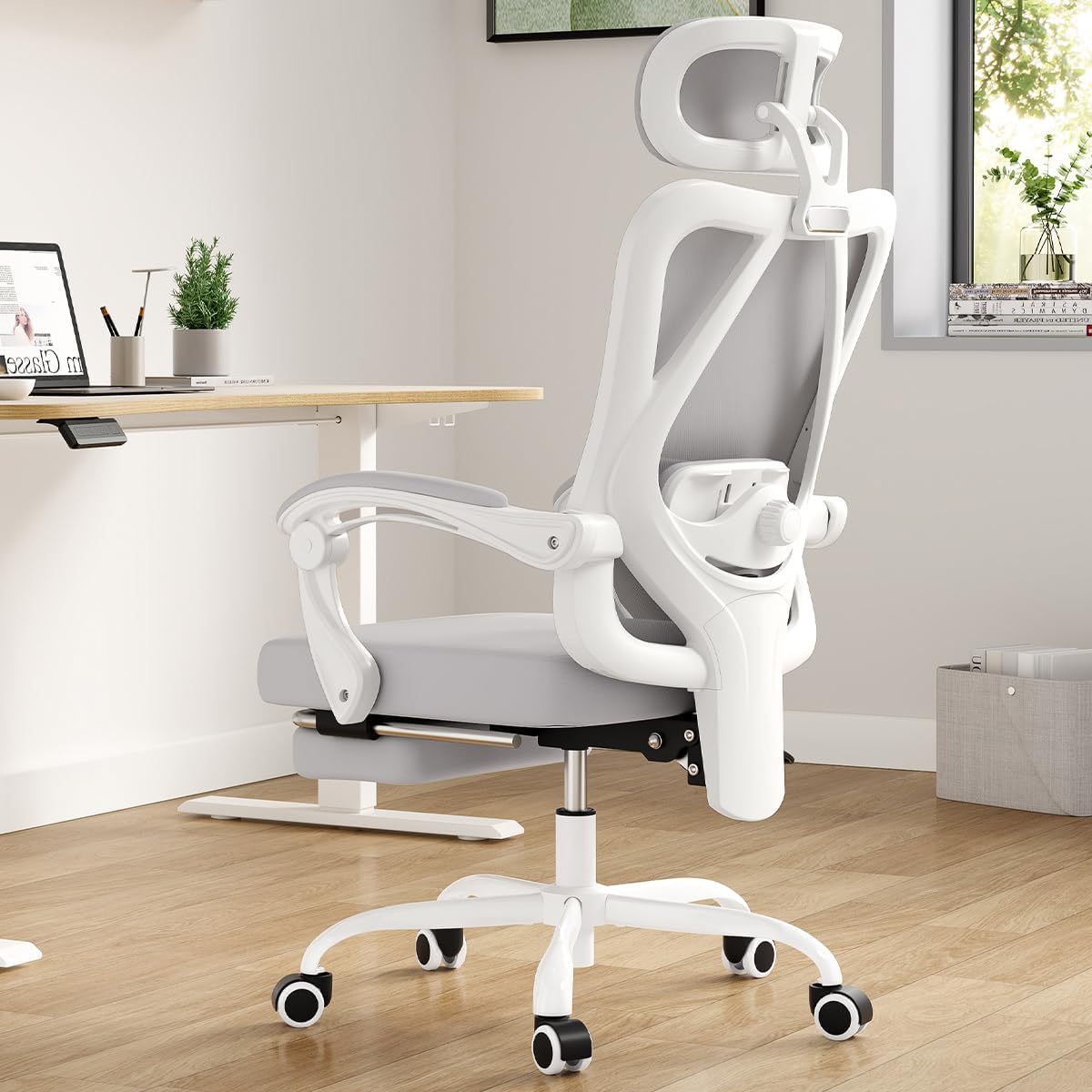Farini Ergonomic Office Chair with Footrest, Mesh Office Desk Chair with Headrest, High Back Computer Chair with Adjustable Lumbar Support for Home Office Study Room Bedroom, White & Grey