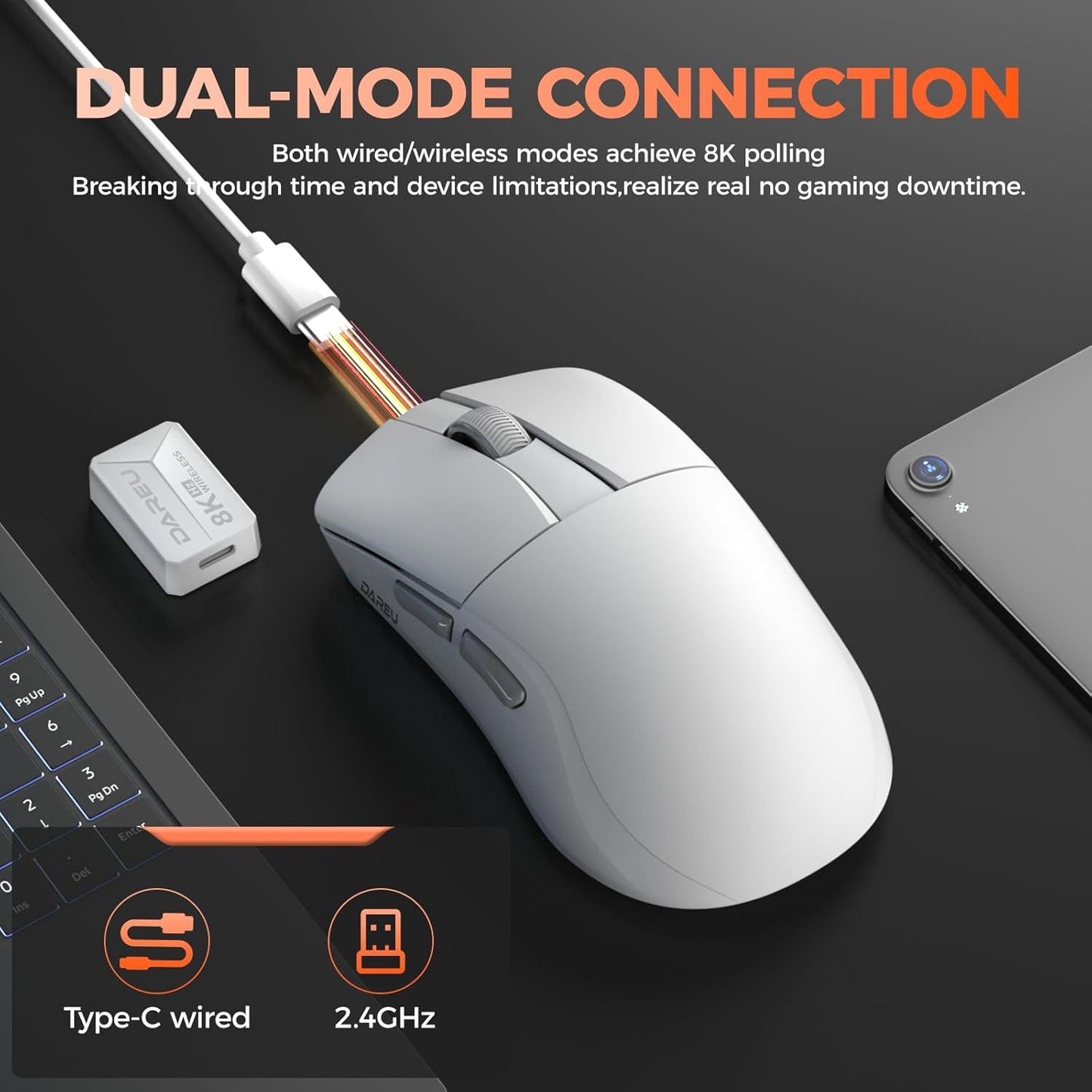 DAREU A950 Wing 8K Lightweight Wireless Gaming Mouse 1.23oz (35g), Custom PAW3950 30K Optical Sensor, Wired/Wireless Dual 8k Polling Rate, Symmetrical, 5 Programmable Buttons,70H Battery