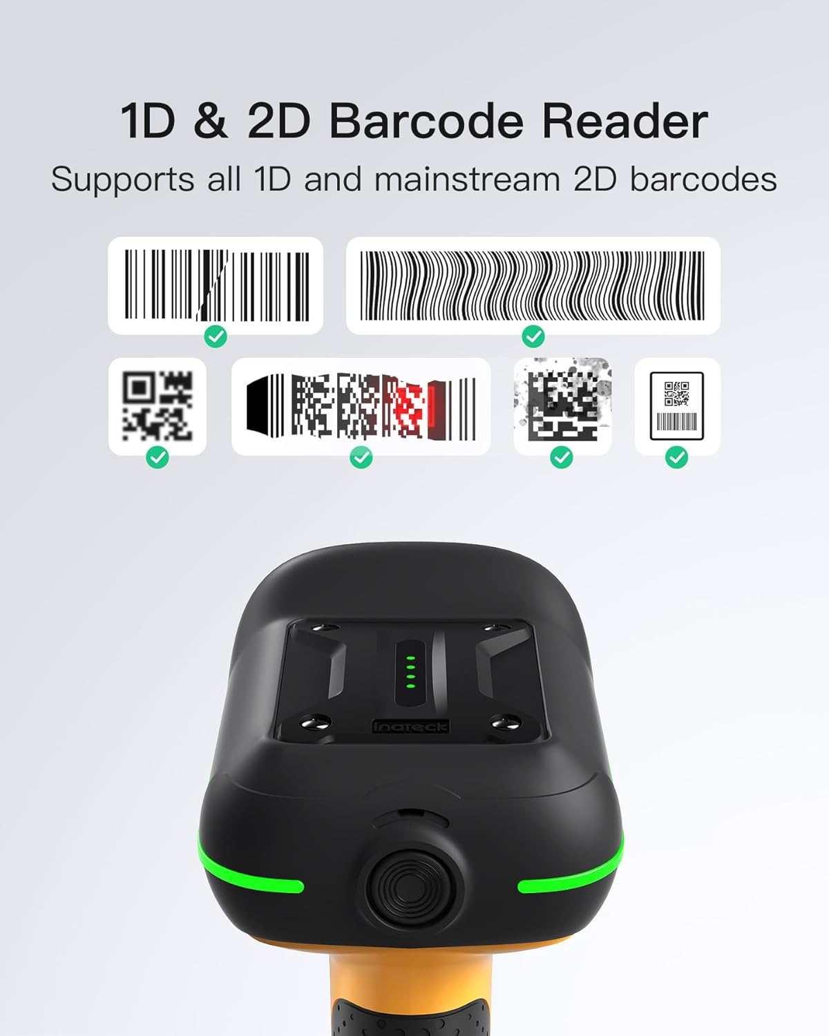 Inateck Industrial Barcode Scanner Wireless, 2D QR Code Scanner with Smart Charging Stand, IP67 Waterproof and Dustproof, Barcode Reader with 2600mAh Battery,Handscanner with App & SDK, BCST-75S