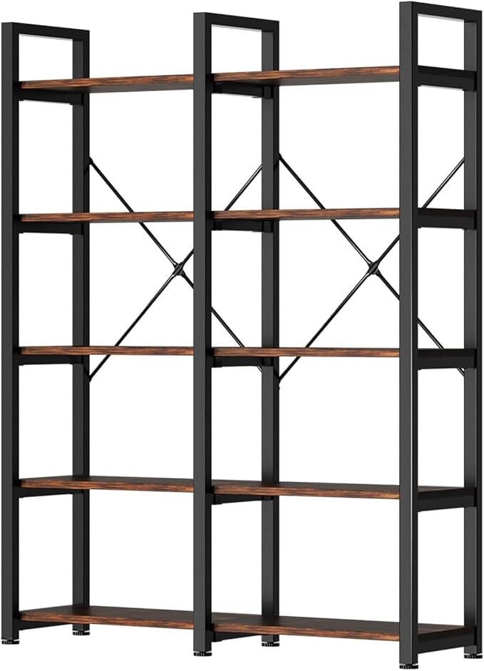 oneinmil Bookshelf 5 Tier, 58.7'' Industrial Book Shelf, Wooden Bookshelves with 10 Open Display Shelves, Vintage Storage Rack, Standing Wide Bookcase for Home and Office, Rustic Brown
