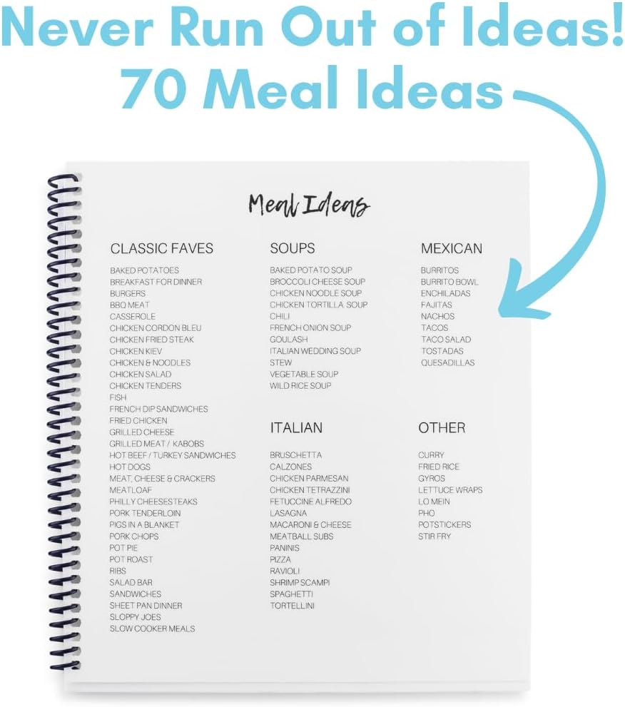 Large Spiral-Bound Weekly Meal Prep Planner Notebook – Full-Year Organizer with Laminated Covers, Tear-Off Grocery List Notepad, Undated Weekly Planner & Food Journal - Menu Calendar, & Budget Tool