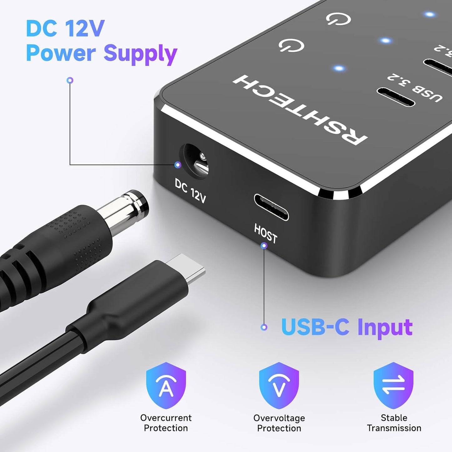 RSHTECH 10 Ports Powered USB 3.2/USB C Hub Splitter 60W with 3 x 10Gbps USB 3.2 Ports (2C + 1A),7 x USB 3.0 Ports (4C +3A), 3.3ft Cable and Individual Touch Switches for Laptop PC