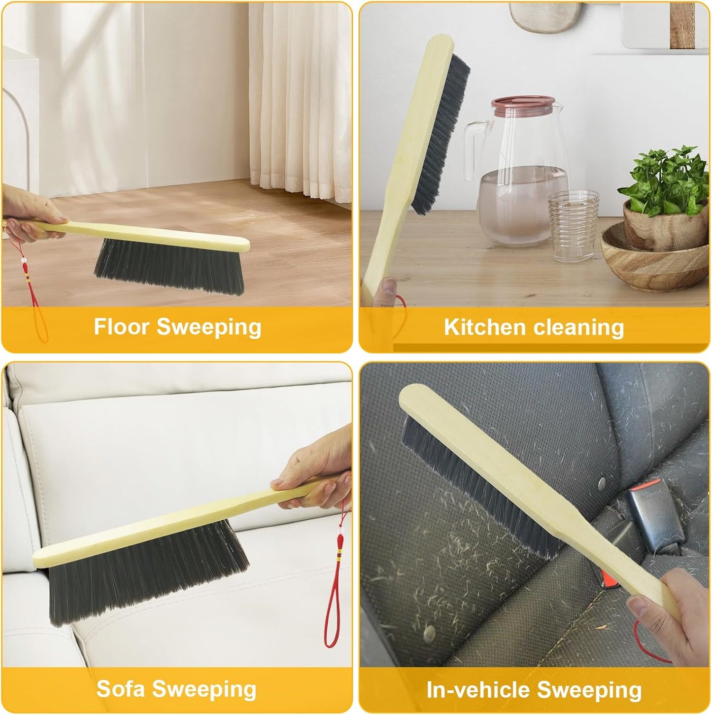 2 Piece Wooden Hand Broom, Dust Brush,Bench Brushes,Soft Bristles, Long Fireplace Brush with Wood Handle for Clothes Household Cleaning, Counters, Beds, Sofas, Car Fireplaces, Benches, Furniture