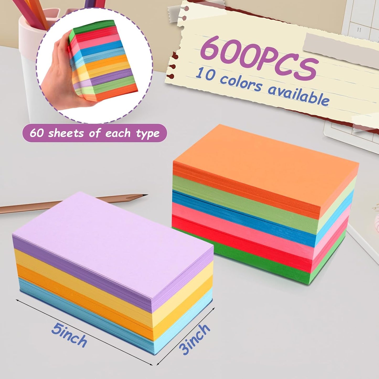 600 Count Colored Blank Index Cards, Unlined Index Cards 3x5,Flash Cards Learning Memo Scratch Pad, Heavy Notecards for Studying School Office Supplies