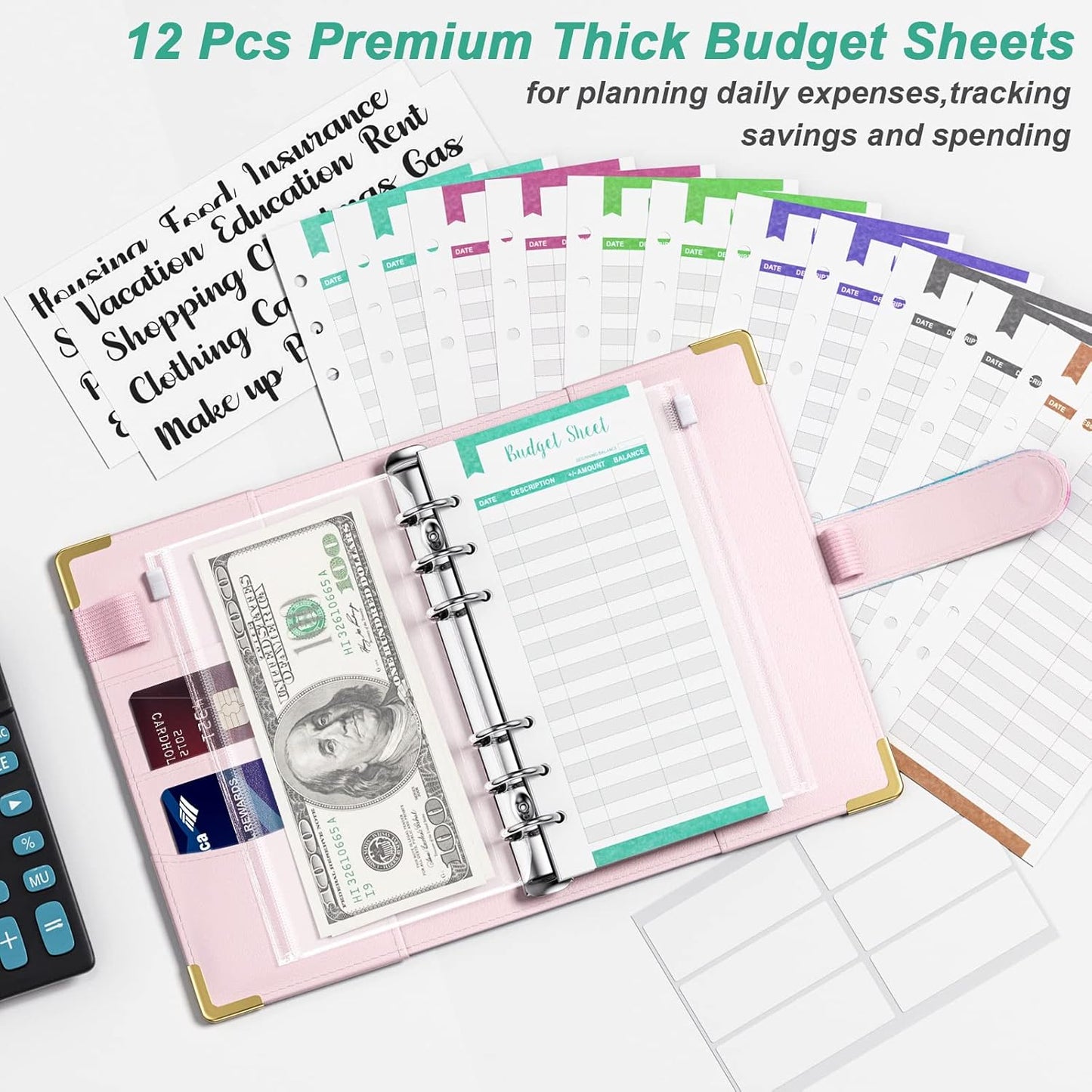 Rnivvi Budget Binder with Zipper Envelopes, A6 Money Saving Binder Cash Envelopes for Budgeting, PU Leather Planner Money Organizer for Cash Bills, Cute System Wallet for Women Men, Colorful Marble