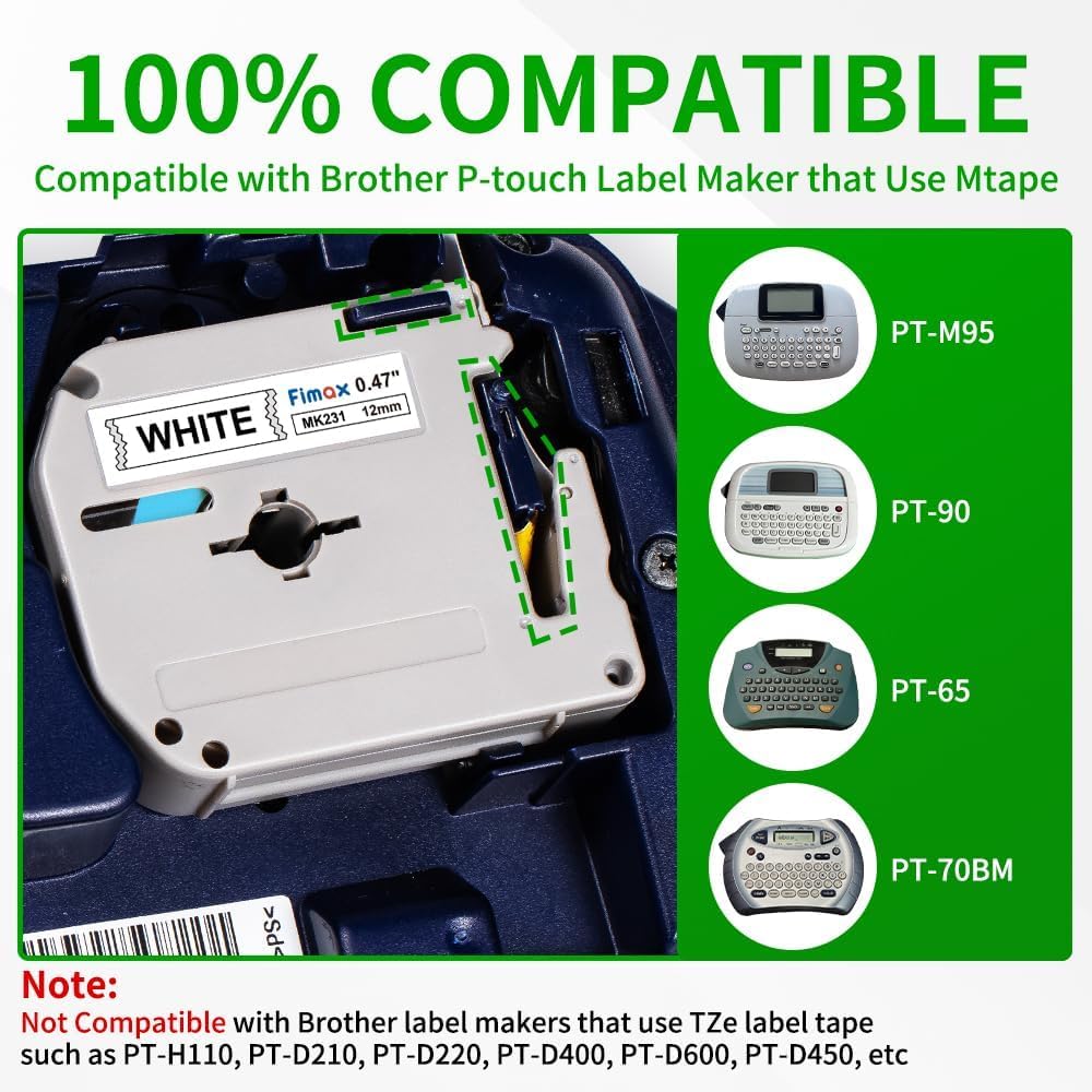 Fimax Replacement for Brother P Touch M Tape M231 MK231 MK-231 12mm 0.47 Inch to use with Brother PTouch PT-M95 PT-90 PT-70 PT-65 PT-85, Black on White, 26.2 Feet, 8-Pack