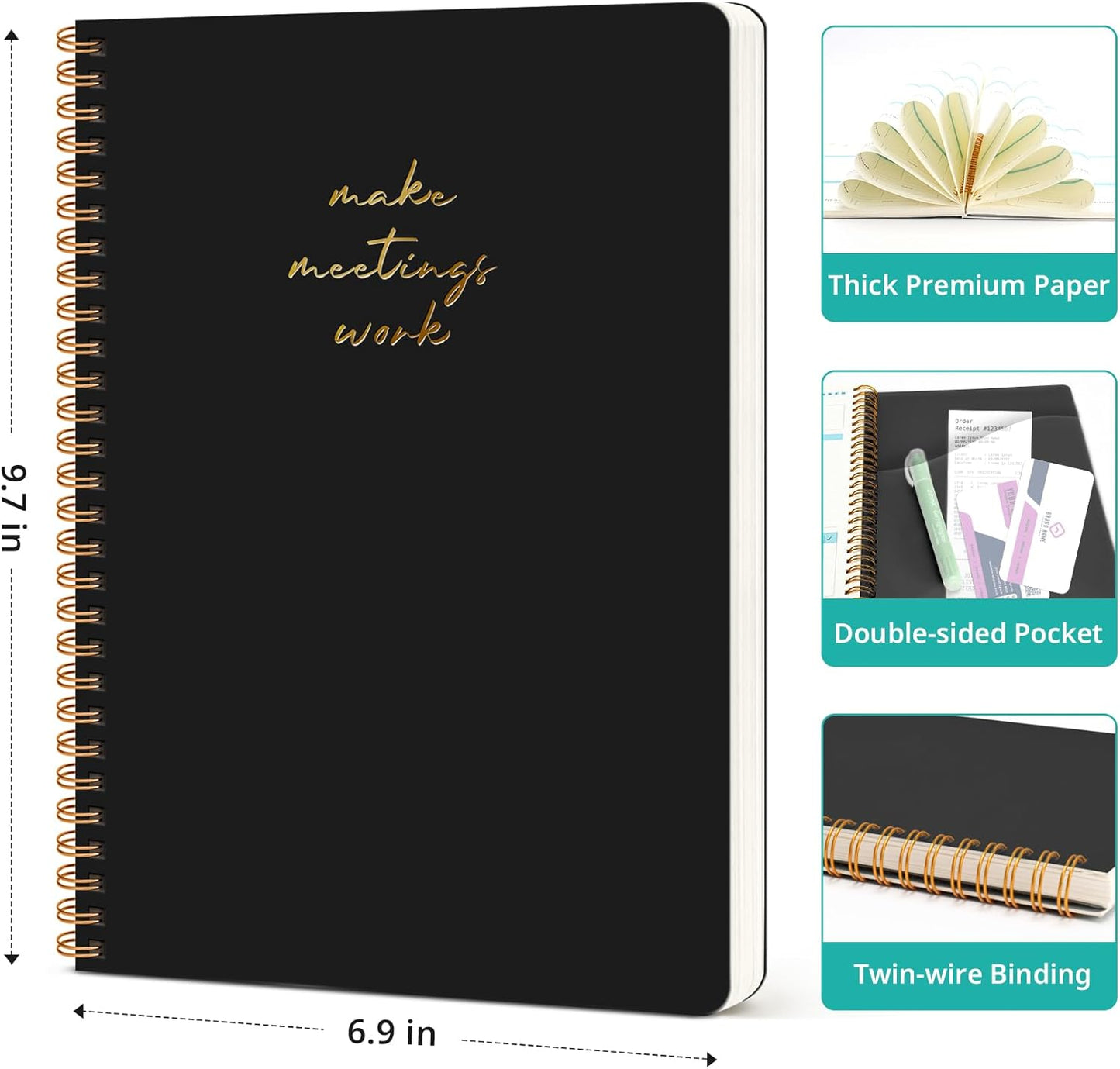 Taja Meeting Notebook for Work Organization - Work notebook with action items, Meeting Minutes Planner Notebook, Perfect Office Supplies for Men & Women - Black