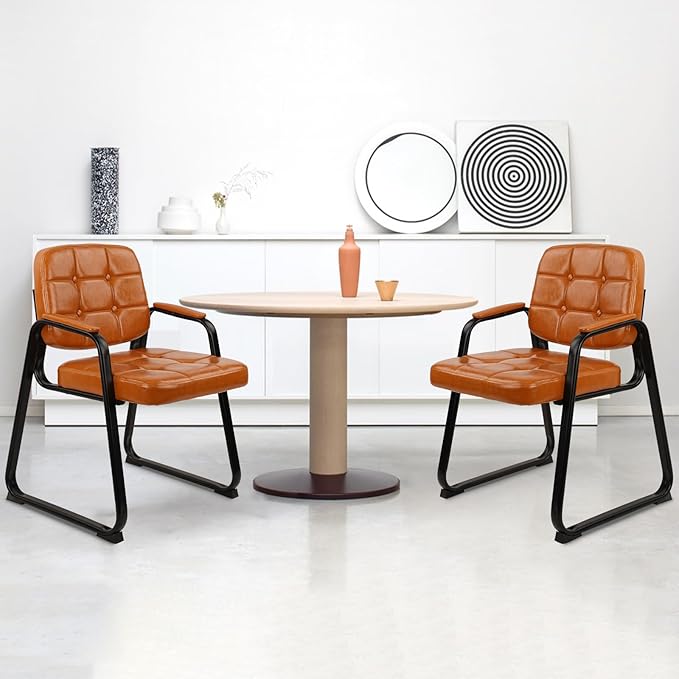 CLATINA Office Guest Chair, Leather Reception Chairs with Padded Arms, Desk Chair No Wheels Stationary for Conference Lobby Waiting Room Training Side Elderly, Set of 8-Orange