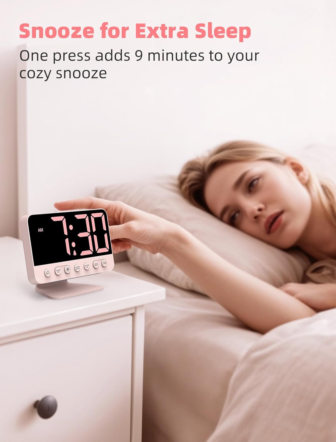 Digital Alarm Clocks for Bedrooms: Large Bold Number 5 Brightness Dimmer - Easy to Read Across The Room - 5 Alarm Sound 8 Night Light - Sakura Pink