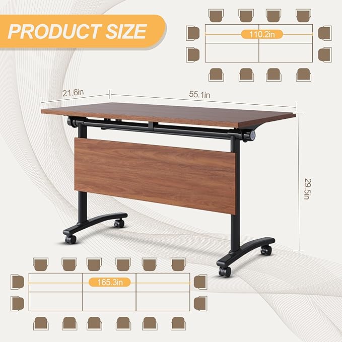 Conference Room Table with Silent Wheels, Mobile Folding Conference Table for 16 Person,Flip Top Office Training Tables with Walnuts Wood Tabletop, for School,Business Meeting Rooms (8Pack 55in)