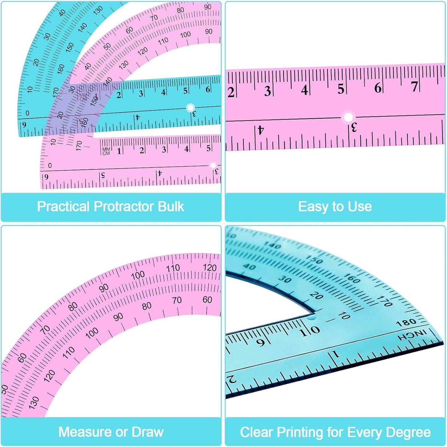 Ctosree 12 PCS Bulk Protractor - Plastic Translucent 180 Degrees 6 Inch Clear Math Protractor Set for Geometry, Angle Measurement, Office Stationery, Pink & Blue