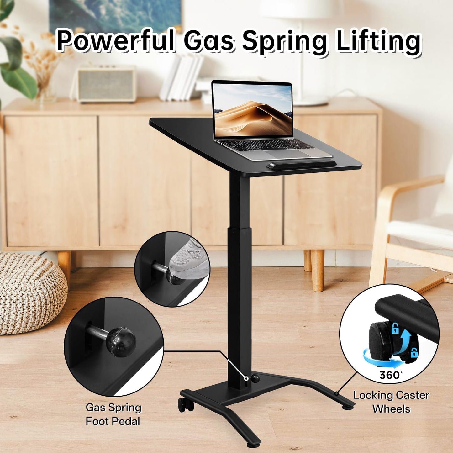 Mobile Standing Desk with 45° Tilting Desktop, Portable Rolling Standing, Height Adjustable Sit Stand Foldable with Wheels, Mobile Desk Workstation for Home Office (Black, Small)