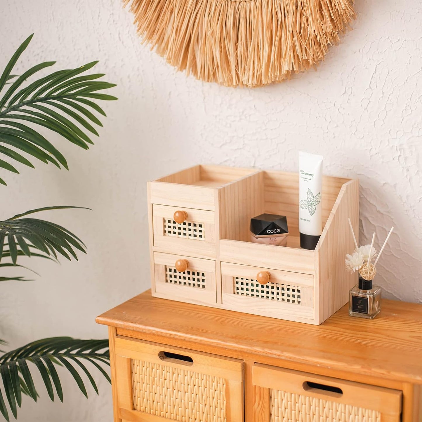 GYASVWU Bamboo Desk Organizer-No Assembly Required,Mini Bamboo Desk Drawer Organizer,Tabletop Storage Box for Office/kitchen counter/Bedroom, No Assembly Required (3 Drawer with Shelf)