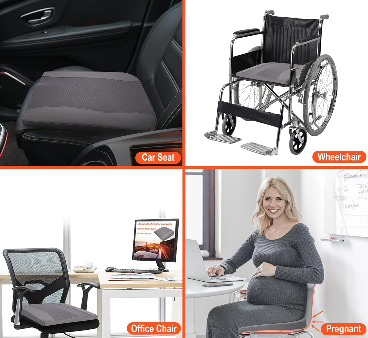 Car Seat Cushion, Comfort Memory Foam Car Cushions for Driving - Sciatica & Lower Back Pain Relief, Driver Seat Pillow for Auto, Office Chair, Wheelchair - Gray