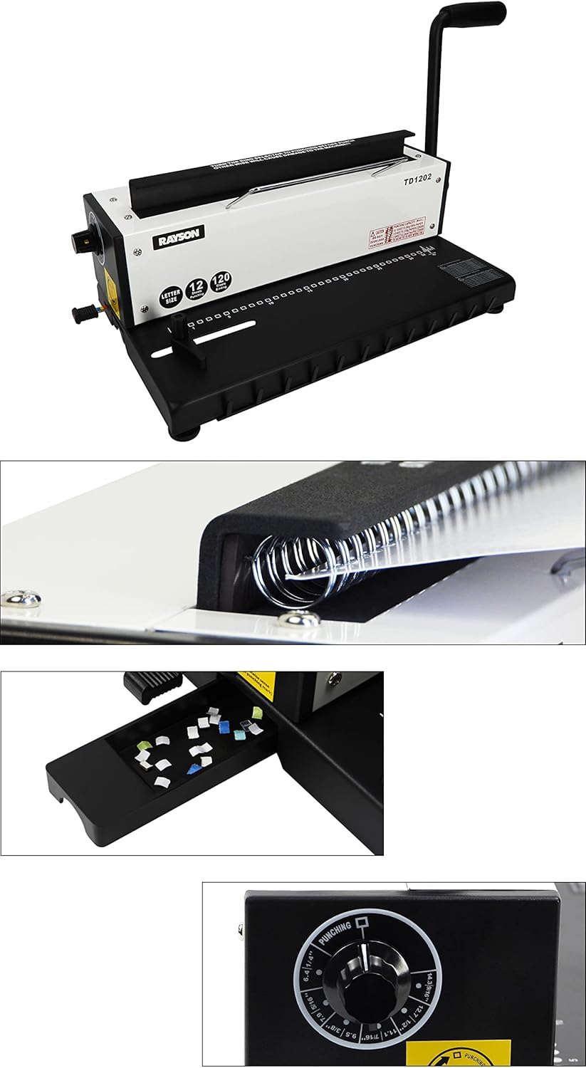 Rayson TD1202 Binding Machine, 3:1 Pitch Wire Binder, Punching 12 Sheets/Binding 120 Sheets with Sturdy Metal Construction