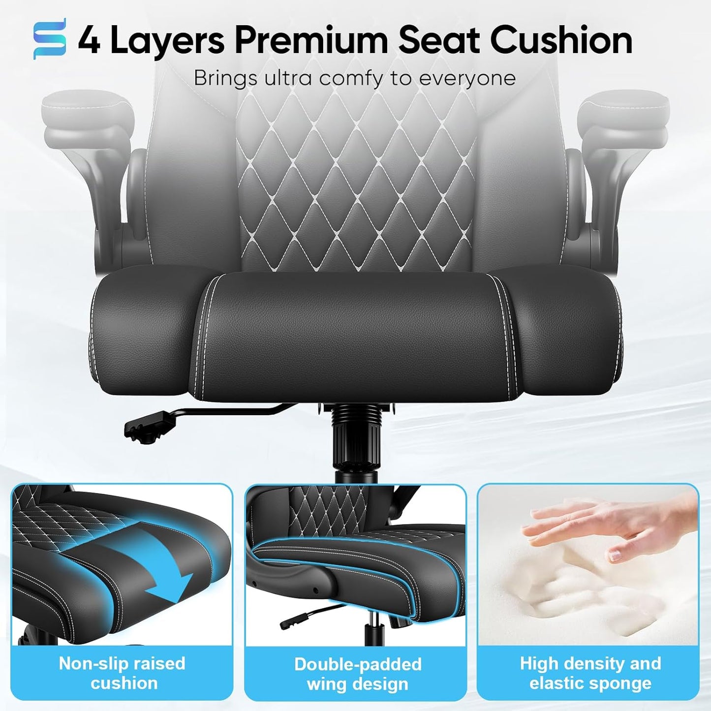 Sytas Executive Leather Office Chair, Comfy Desk Chair with Adjustable Headrest & Flip-up Padded Arms & Lumbar Support, Adjustable Hight and Tilt, Rolling Swivel Chair, Black