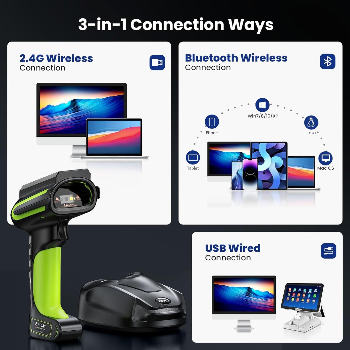 Eyoyo Industrial Wireless Barcode Scanner: 3-in-1 Waterproof Bluetooth Scanner with Charging Dock&Battery Indicator, Handheld Hands-free 1D 2D QR Bar Code Reader for Computer Laptop Mac Android iPhone