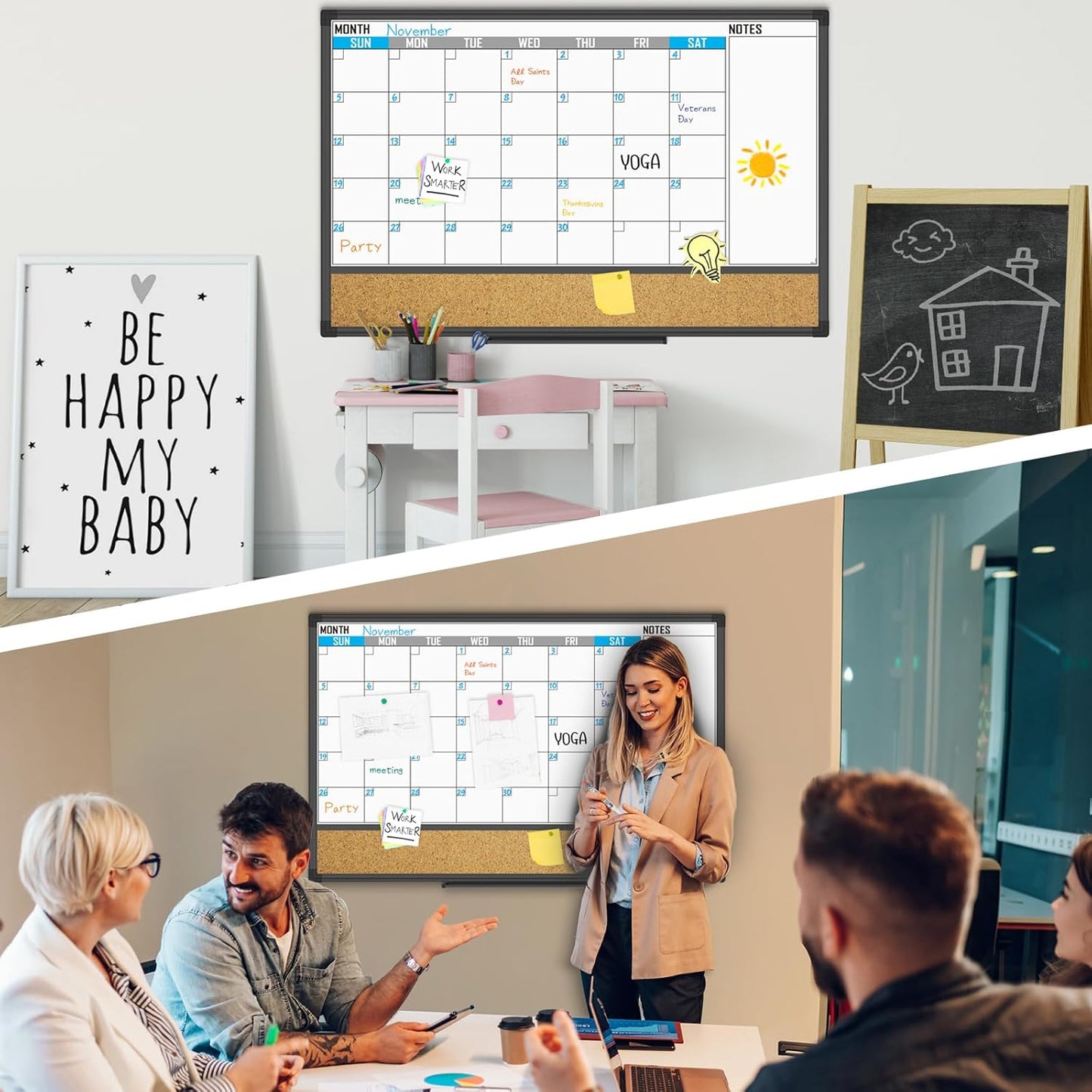 XBoard Dry Erase Calendar Whiteboard 36 X 24 - Combo White Board Calendar Monthly, Magnetic White Board + Corkboard with Black Aluminum Frame, 10 Colorful Push Pins & Marker Tray Included